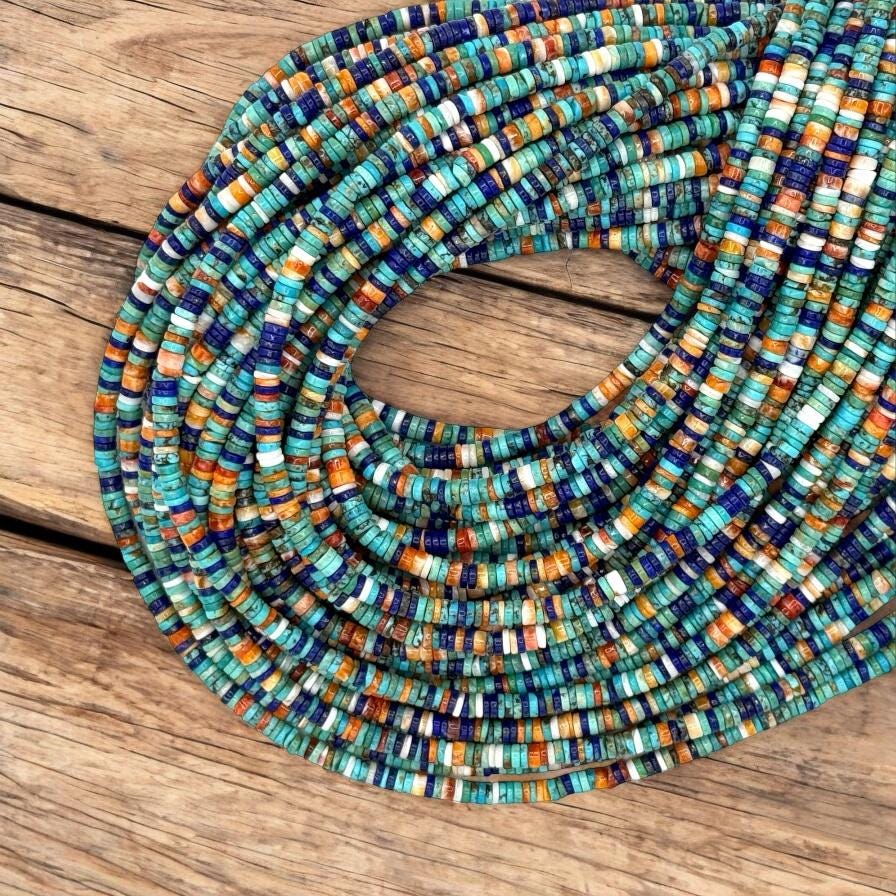 Tri-Color Spiny Oyster Shell + Turquoise + Lapis Lazuli Beads (Native American Style - Perfect Size For Men's Jewelry) AAA Heishi Tiny