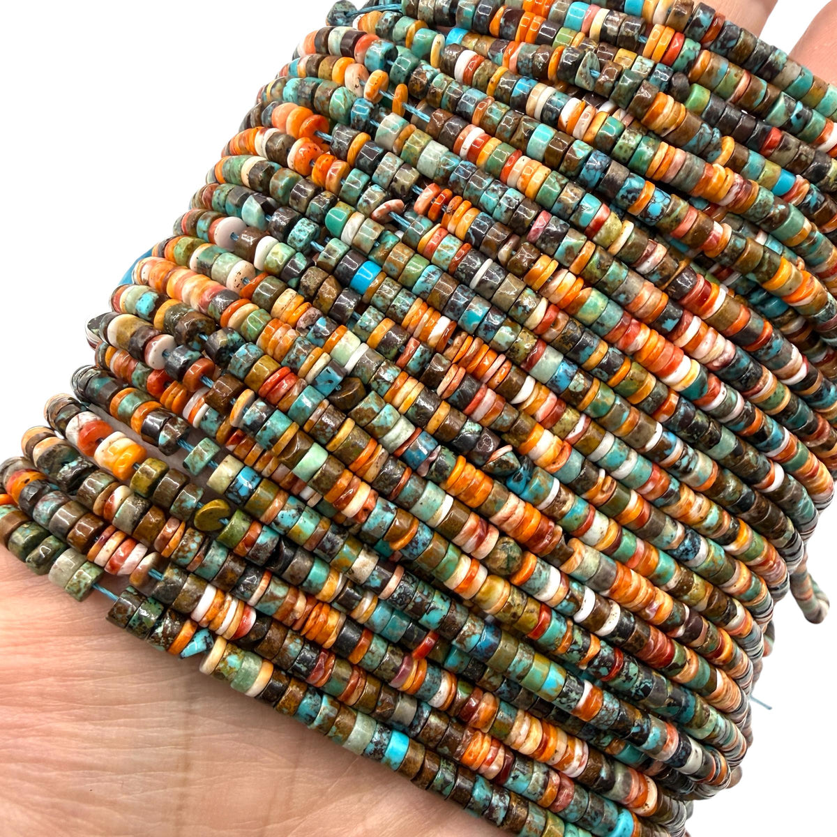 Spiny Oyster Shell & Turquoise Beads - Never Dyed or Color Enhanced- Native American Style- Ideal For Men's Jewelry Making - 4mm Heishi Tiny