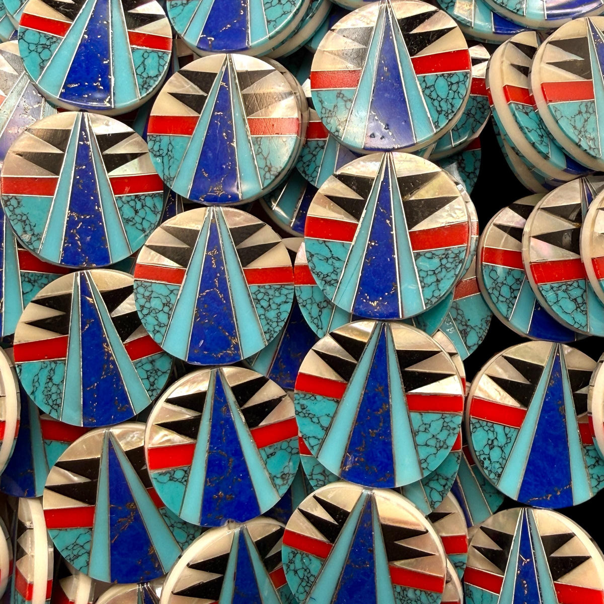 Native Style Inlay Beads - Turquoise, Lapis Lazuli, Coral, Mother of Pearl and Black Onyx - Double Sided 20mm Coin - 10 Beads (F407)