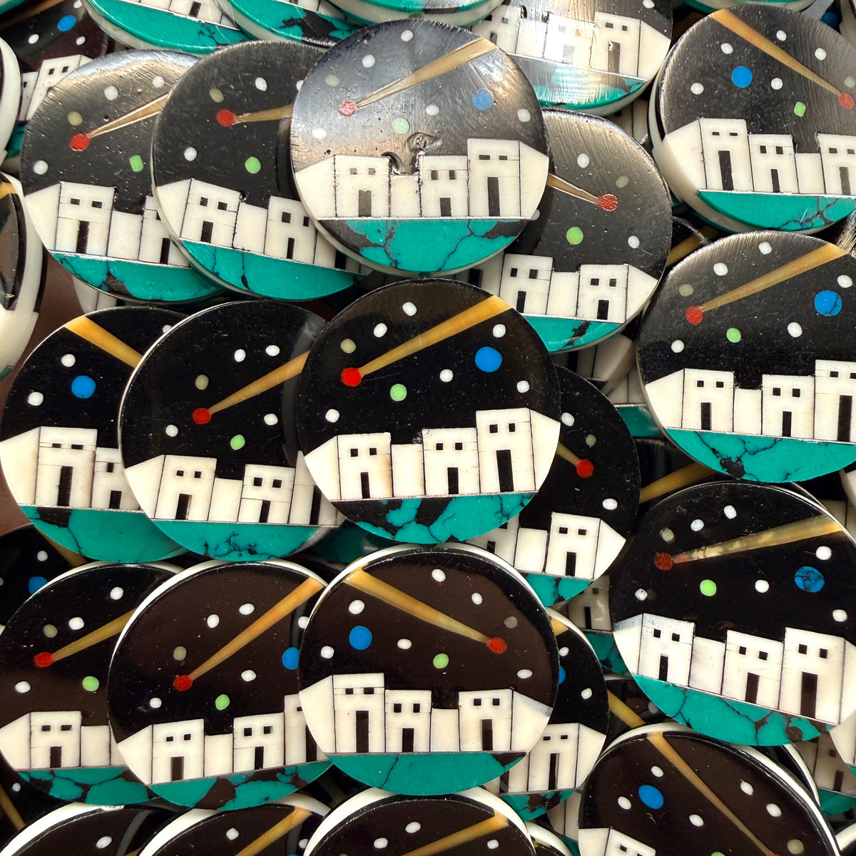Native Style Inlay Beads (Galaxy) Spiny Oyster Shell, Turquoise, Coral, Mother of Pearl and Onyx - Double Sided 20mm Coin - 10 Beads (F419)