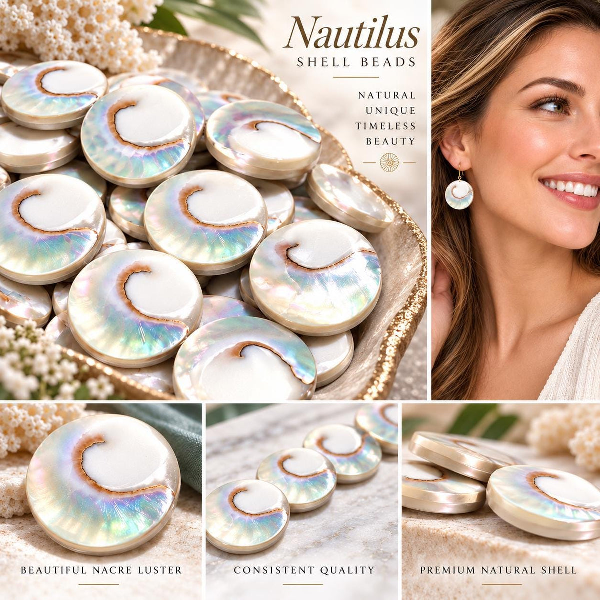 WOW Mermaid Nautilus Shell Beads AAA (Harmony Line) Thick Nacre & Iridescent Flash - Never Dyed or Color Enhanced - Center Drilled Coin