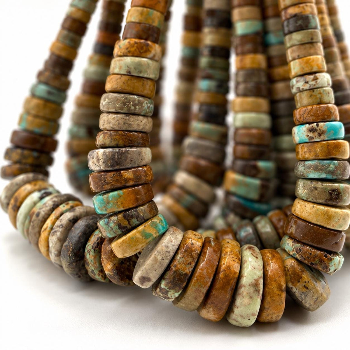JACLA-Style Graduated Turquoise Beads (Larger Bottom Smaller Top) Multicolor Earthy Brown Matrix - 3-4mm Extra-Thick Heishi 6-15mm - 16 Inch