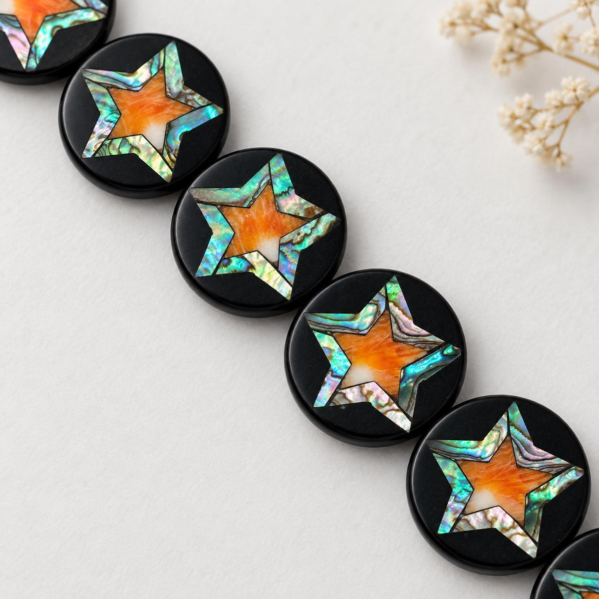 Spiny Oyster & Abalone Shell Beads - Black Mosaic Star Inlay - Small Batch Production - Native American Style- Double Sided 20mm Coin (F510)