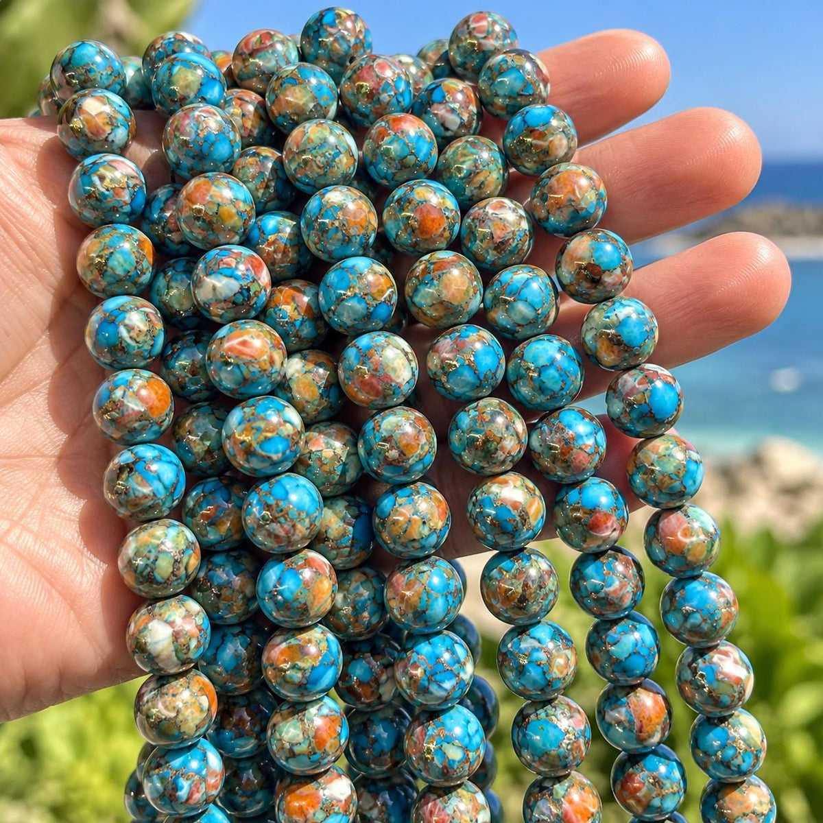 2in1 Spiny Oyster Shell & Mohave Copper Turquoise Beads - Not Dyed or Color Enhanced - Small Batch Production - Composite Inlay Round 10mm