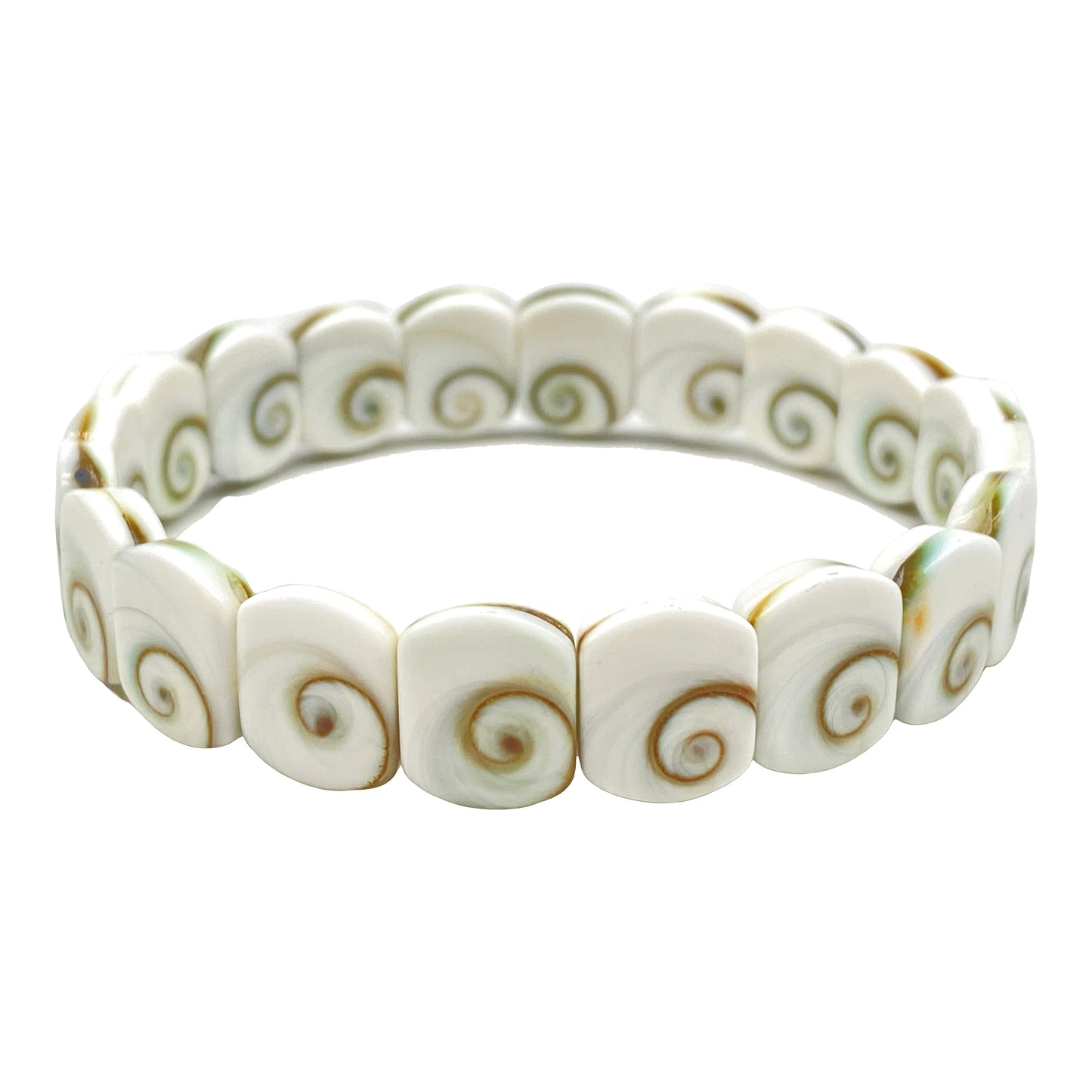Shiva Eye Shell Beads Bracelet From Pacific Ocean (AAA Whitest White Quality - Every Bead Made From Two Operculum Shells - Matching Spiral Matrix) Men Jewelry Durable Double-Drilled 10X12mm Elastic 7.25 Inches (Protective Door of the Snail Shell)