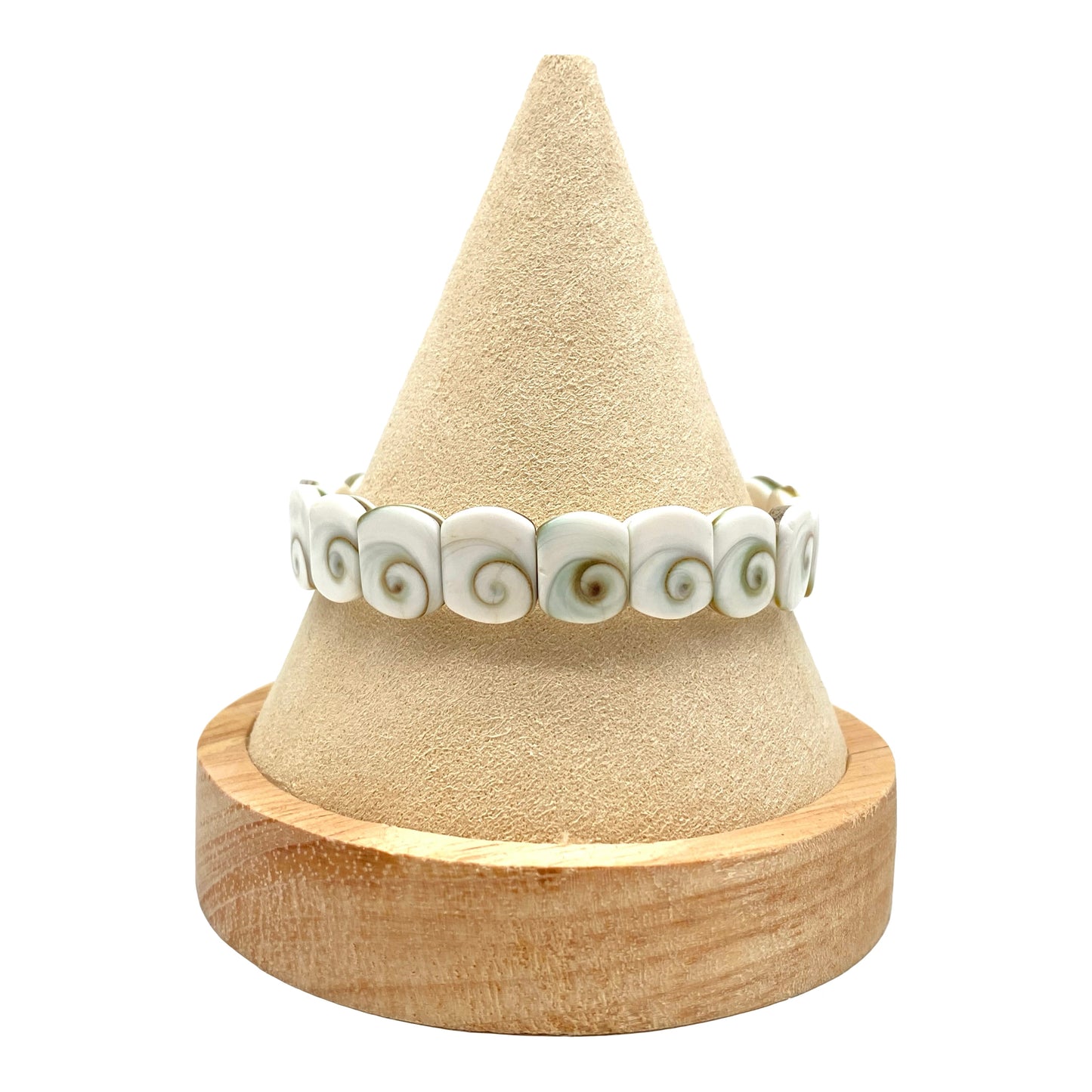 Shiva Eye Shell Beads Bracelet From Pacific Ocean (AAA Whitest White Quality - Every Bead Made From Two Operculum Shells - Matching Spiral Matrix) Men Jewelry Durable Double-Drilled 10X12mm Elastic 7.25 Inches (Protective Door of the Snail Shell)