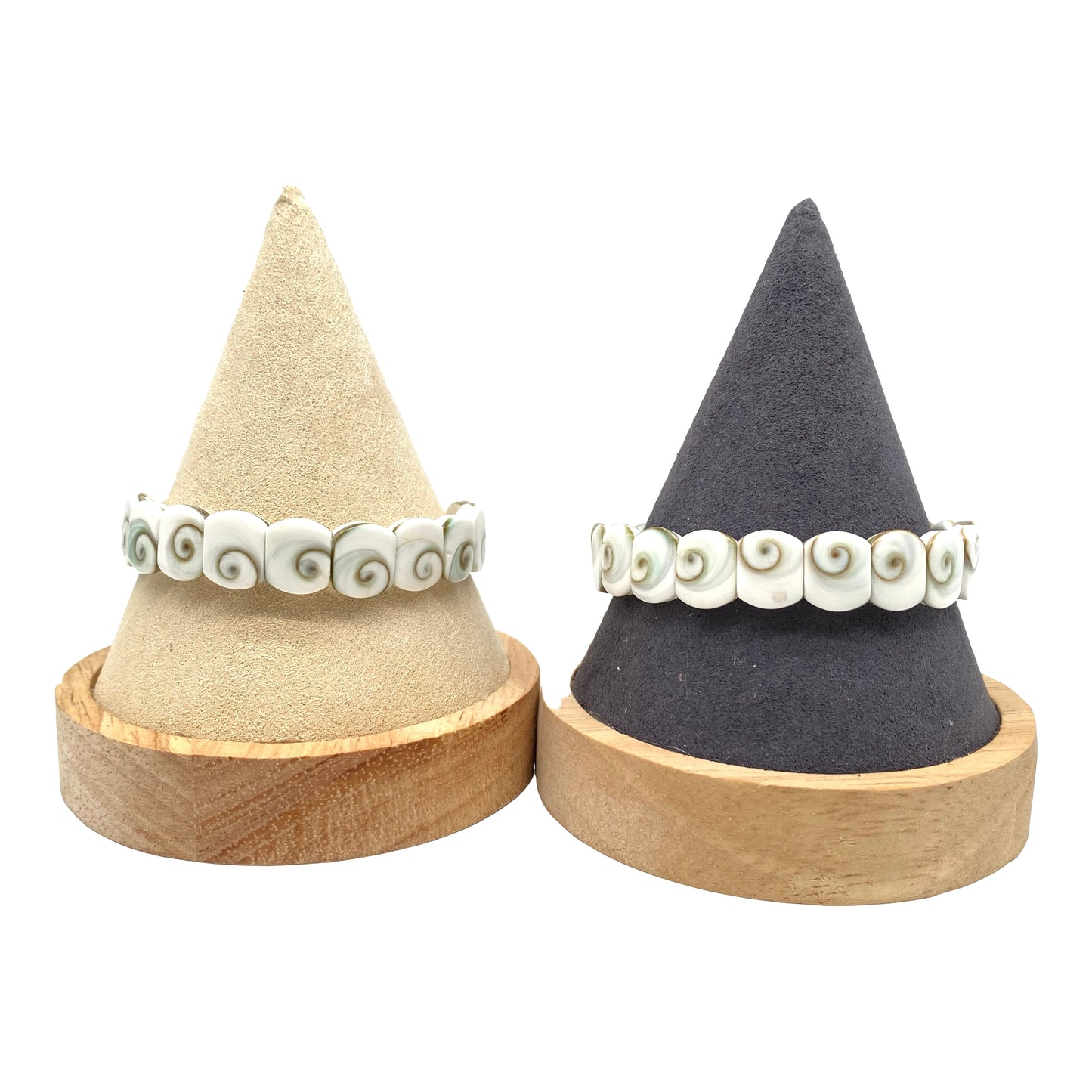 Shiva Eye Shell Beads Bracelet From Pacific Ocean (AAA Whitest White Quality - Every Bead Made From Two Operculum Shells - Matching Spiral Matrix) Men Jewelry Durable Double-Drilled 10X12mm Elastic 7.25 Inches (Protective Door of the Snail Shell)