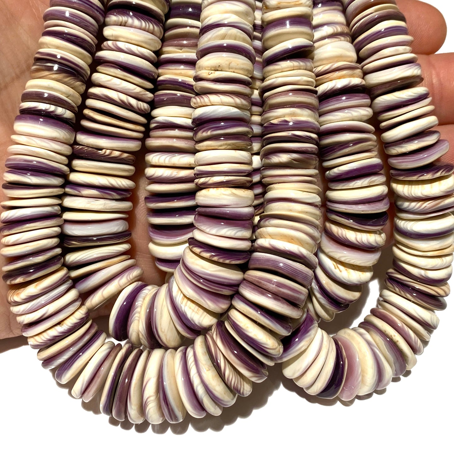 Gigantic White Wampum Shell Beads with Lavender Tone From New York/Rhode Island (America's First Currency From Year 1637-1673) Organic Thickness - Free Form Rondelle Heishi Shape - Graduated 8 to 16mm - 15.5 Inches