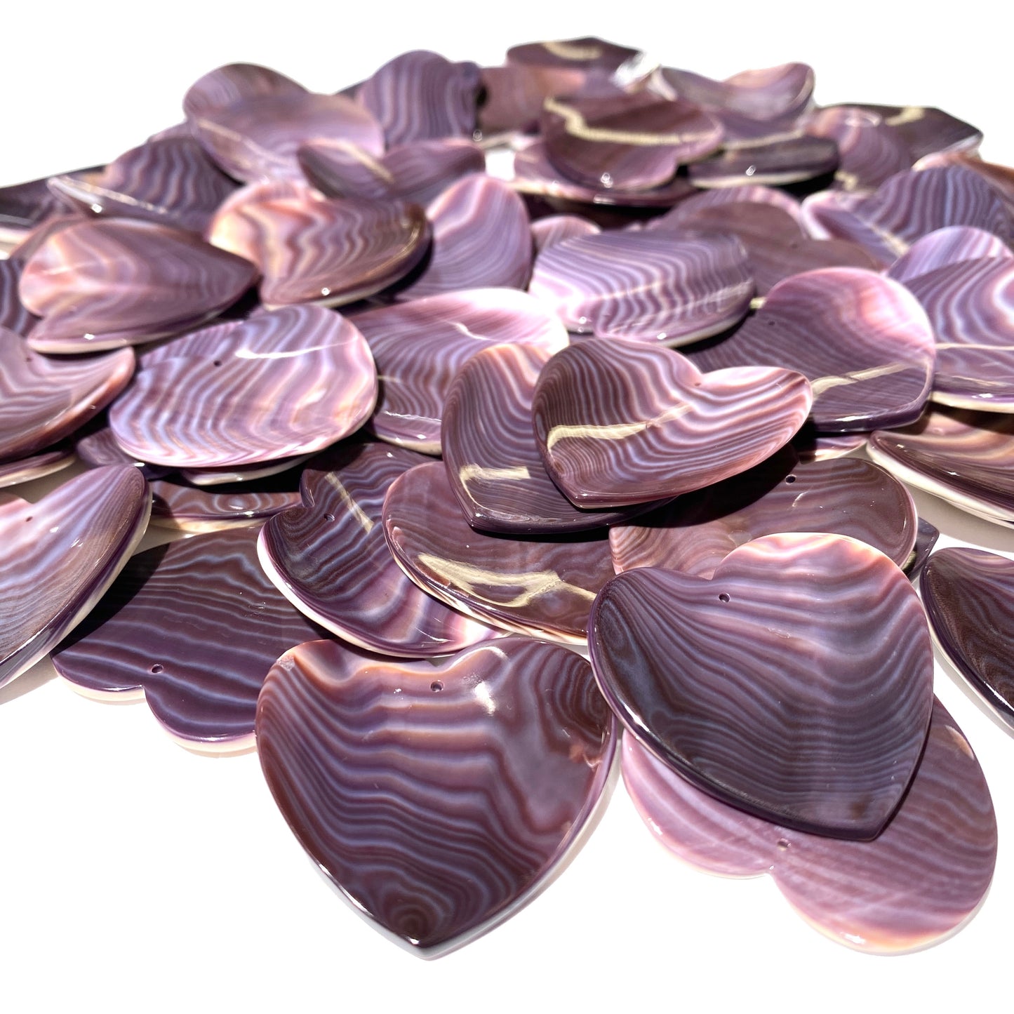 Premium-Grade Darkest-Purple Wampum Shell Bead Pendant From New York/Rhode Island (America's First Currency Year 1637-1673) Top Drilled - Convex Heart Shape - 4 Matching Pendants Lot (4 Pcs)