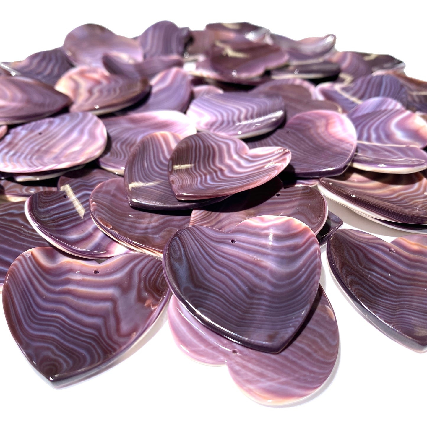 Premium-Grade Darkest-Purple Wampum Shell Bead Pendant From New York/Rhode Island (America's First Currency Year 1637-1673) Top Drilled - Convex Heart Shape - 4 Matching Pendants Lot (4 Pcs)