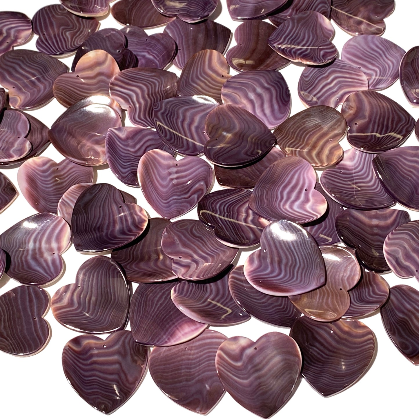 Premium-Grade Darkest-Purple Wampum Shell Bead Pendant From New York/Rhode Island (America's First Currency Year 1637-1673) Top Drilled - Convex Heart Shape - 4 Matching Pendants Lot (4 Pcs)