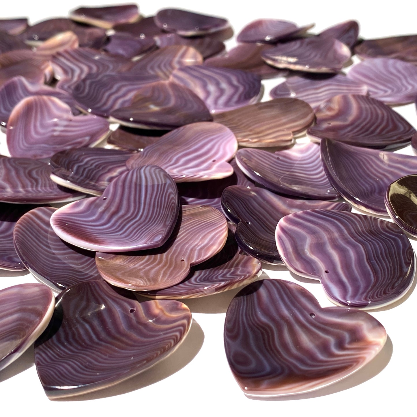 Premium-Grade Darkest-Purple Wampum Shell Bead Pendant From New York/Rhode Island (America's First Currency Year 1637-1673) Top Drilled - Convex Heart Shape - 4 Matching Pendants Lot (4 Pcs)