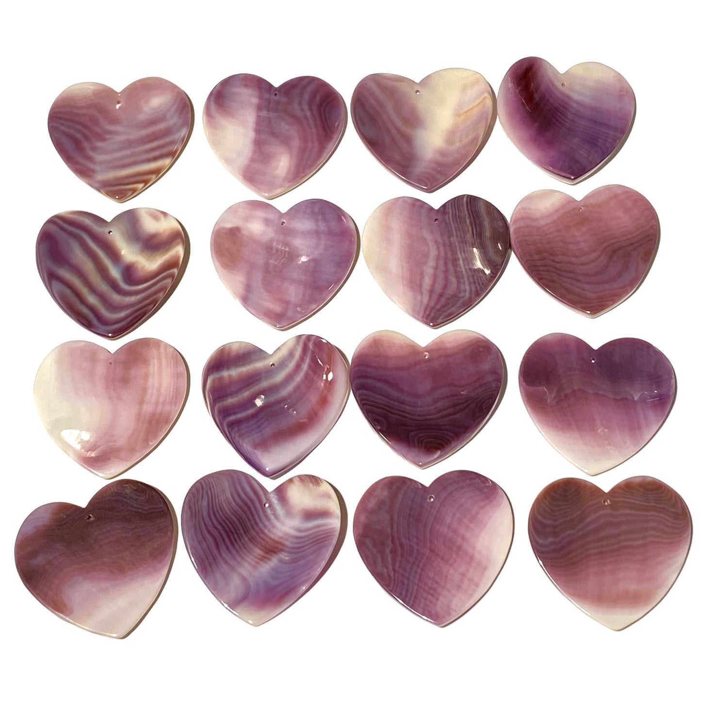 2-Tone-Matrix Lavender Wampum Shell Bead Pendant From New York/Rhode Island (America's First Currency Year 1637-1673) Top Drilled - Convex Heart Shape - 4 Matching Pendants Lot (4 Pcs)