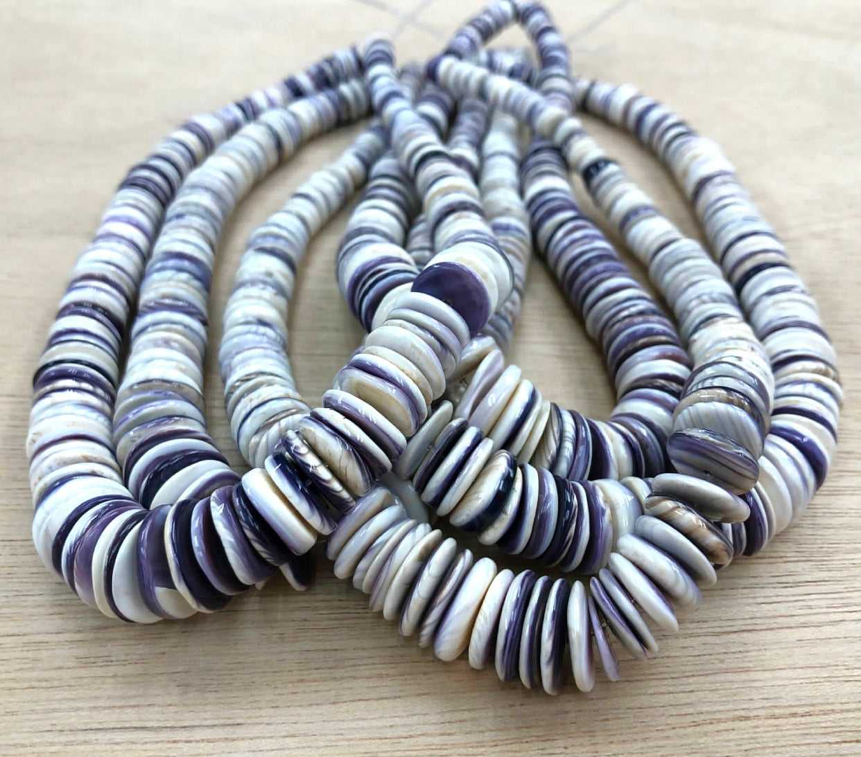 Gigantic White Wampum Shell Beads with Lavender Tone From New York/Rhode Island (America's First Currency From Year 1637-1673) Organic Thickness - Free Form Rondelle Heishi Shape - Graduated 8 to 16mm - 15.5 Inches