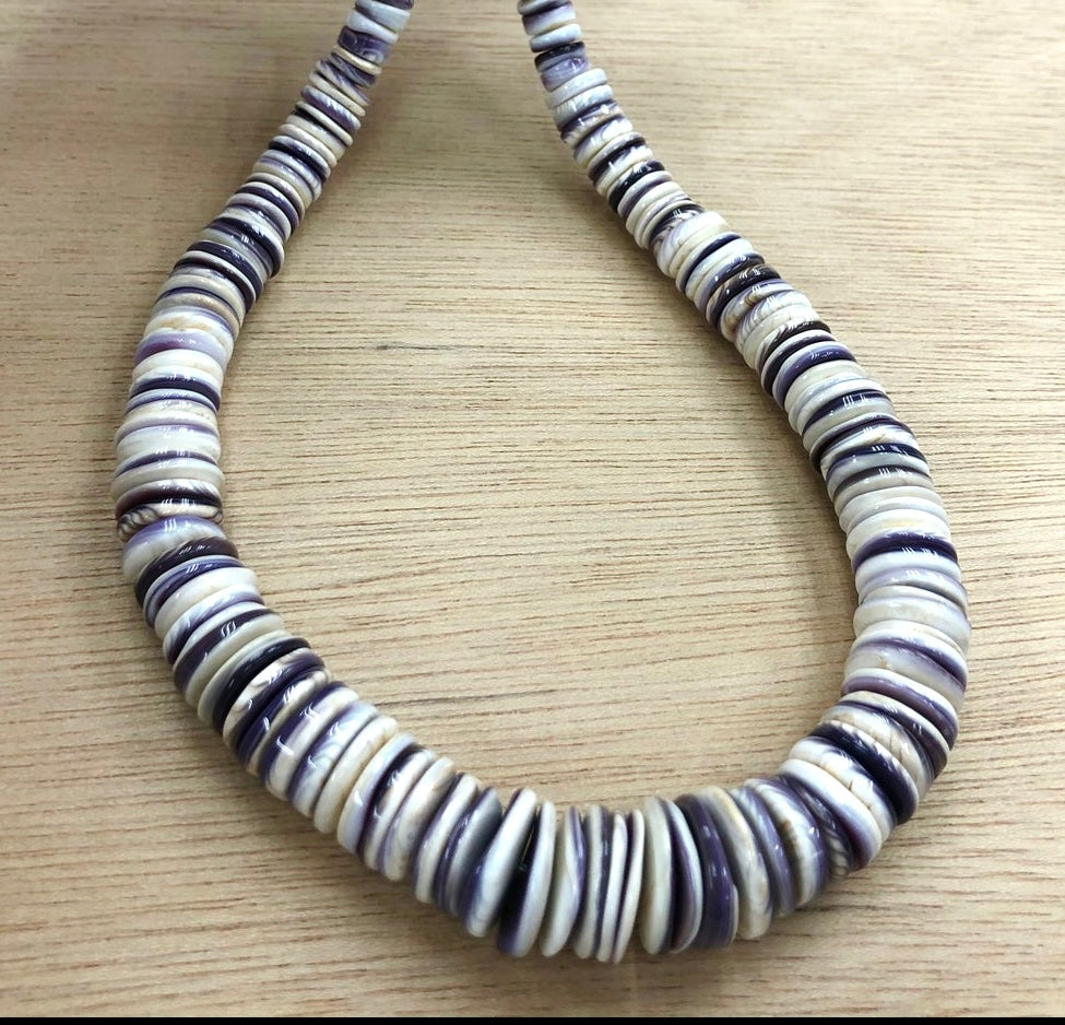 Gigantic White Wampum Shell Beads with Lavender Tone From New York/Rhode Island (America's First Currency From Year 1637-1673) Organic Thickness - Free Form Rondelle Heishi Shape - Graduated 8 to 16mm - 15.5 Inches