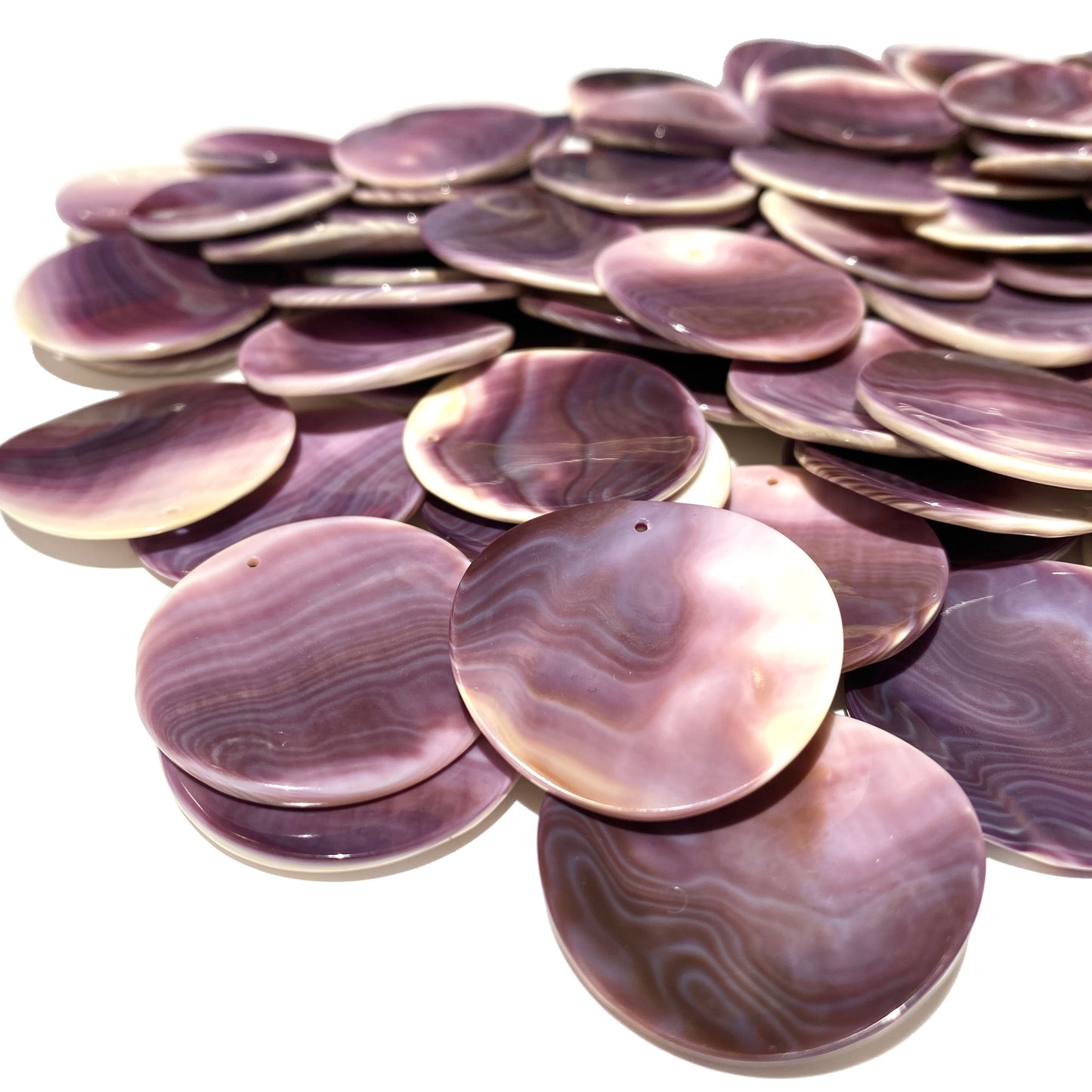 2-Tone-Matrix Lavender Wampum Shell Bead Pendant From New York/Rhode Island (America's First Currency Year 1637-1673) Top Drilled - Convex Coin Shape - 4 Matching Pendants Lot (4 Pcs)
