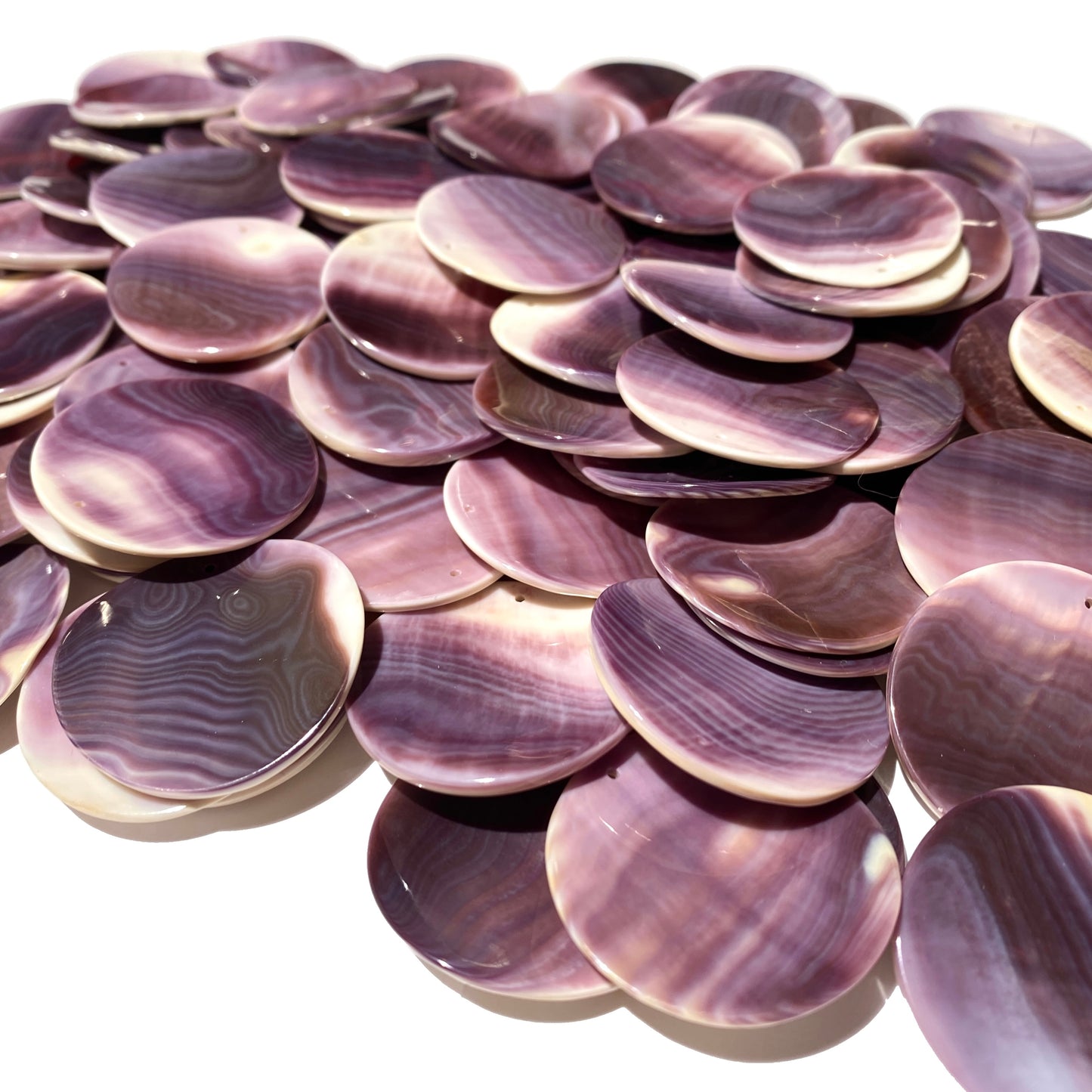 2-Tone-Matrix Lavender Wampum Shell Bead Pendant From New York/Rhode Island (America's First Currency Year 1637-1673) Top Drilled - Convex Coin Shape - 4 Matching Pendants Lot (4 Pcs)