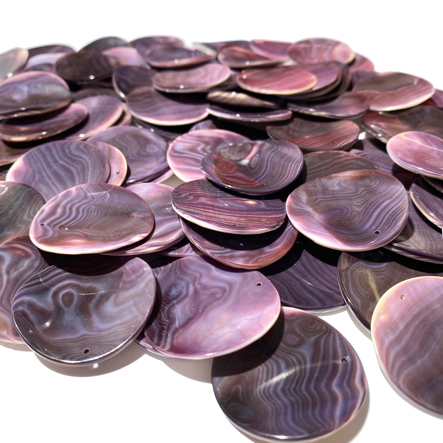 Premium-Grade Darkest-Purple Wampum Shell Bead Pendant From New York/Rhode Island (America's First Currency Year 1637-1673) Top Drilled - Convex Coin Shape - 4 Matching Pendants Lot (4 Pcs)