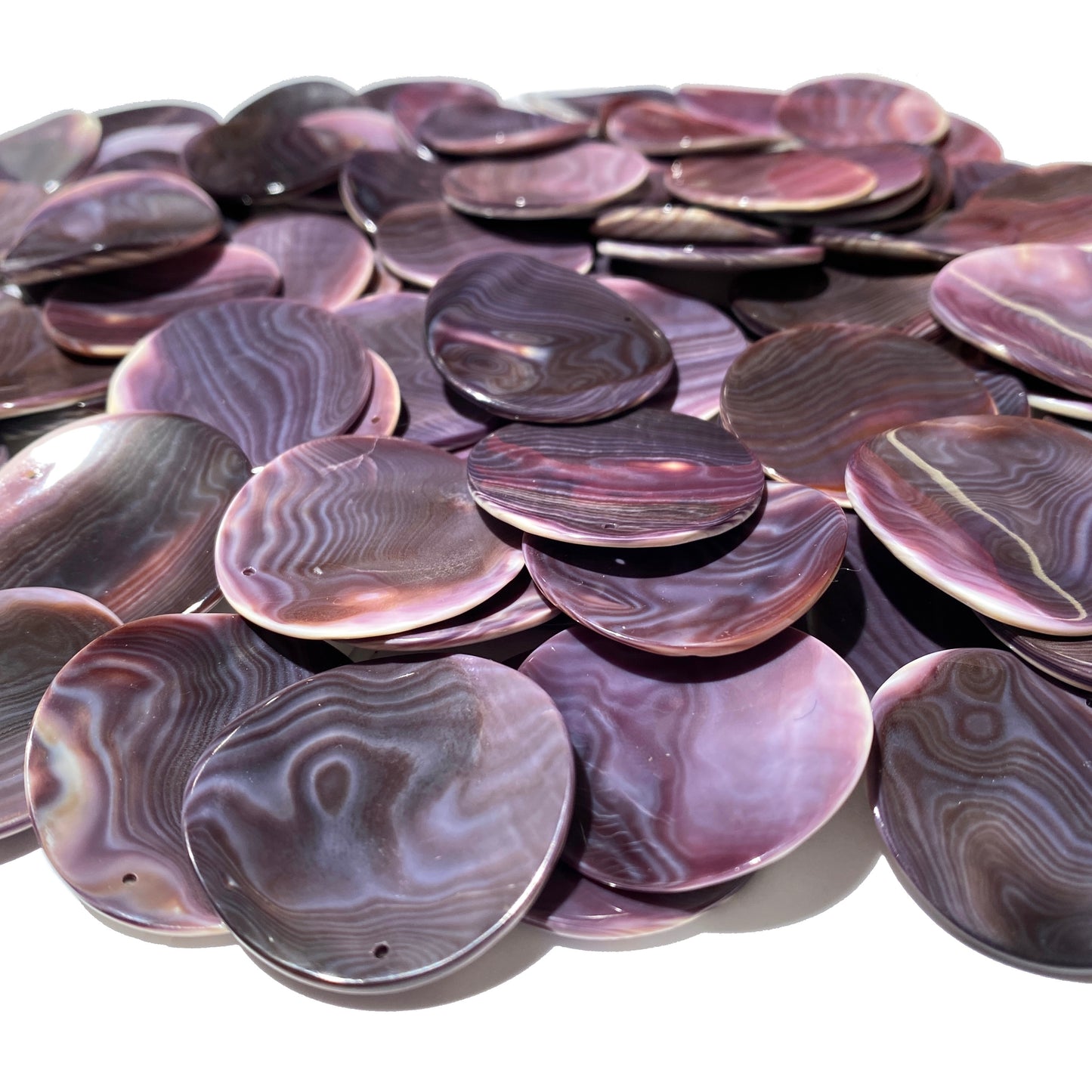 Premium-Grade Darkest-Purple Wampum Shell Bead Pendant From New York/Rhode Island (America's First Currency Year 1637-1673) Top Drilled - Convex Coin Shape - 4 Matching Pendants Lot (4 Pcs)