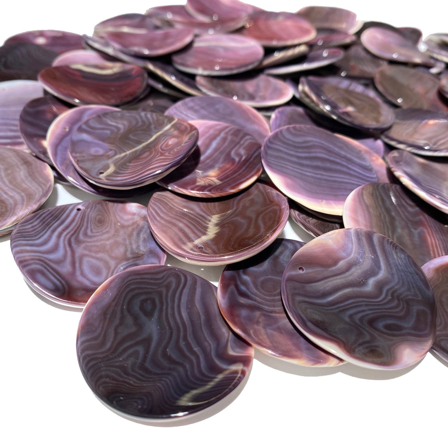 Premium-Grade Darkest-Purple Wampum Shell Bead Pendant From New York/Rhode Island (America's First Currency Year 1637-1673) Top Drilled - Convex Coin Shape - 4 Matching Pendants Lot (4 Pcs)