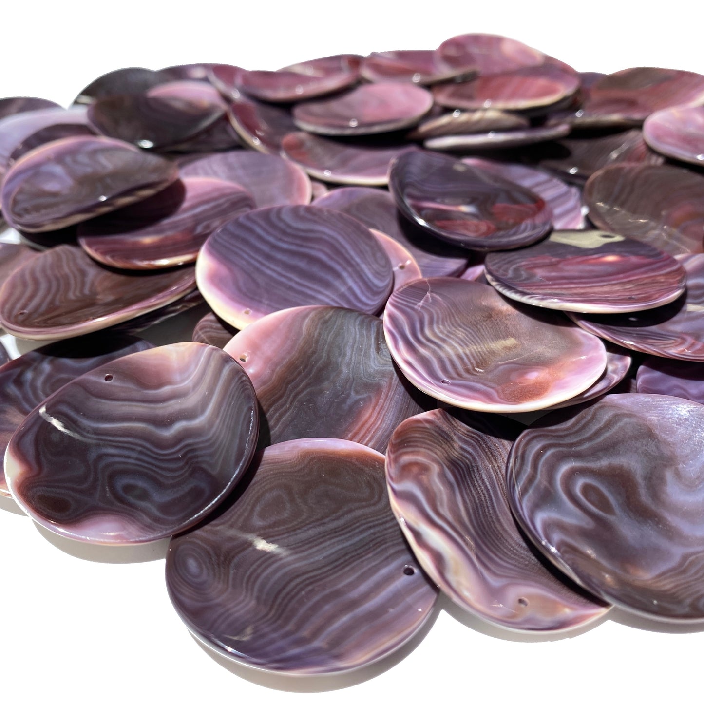 Premium-Grade Darkest-Purple Wampum Shell Bead Pendant From New York/Rhode Island (America's First Currency Year 1637-1673) Top Drilled - Convex Coin Shape - 4 Matching Pendants Lot (4 Pcs)