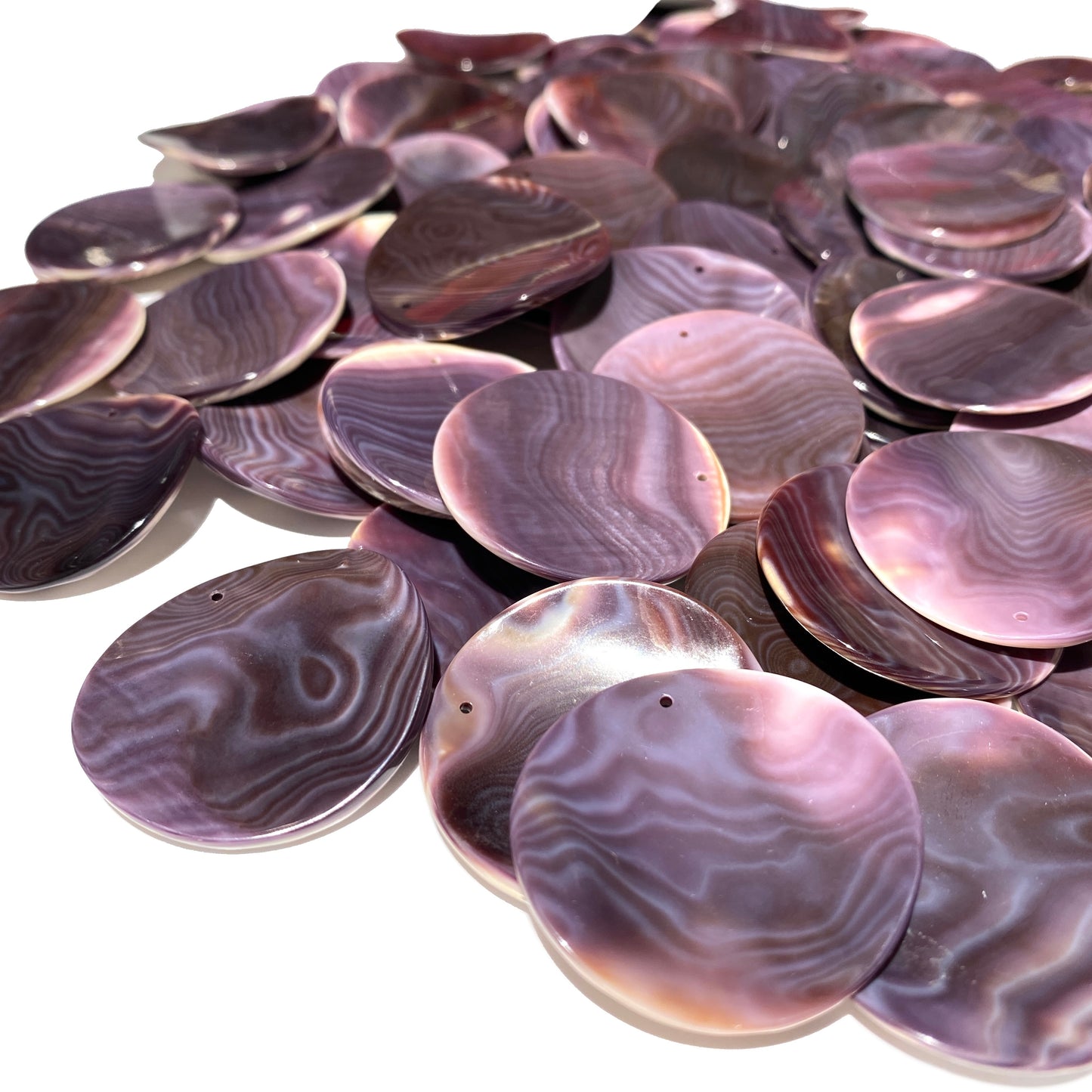 Premium-Grade Darkest-Purple Wampum Shell Bead Pendant From New York/Rhode Island (America's First Currency Year 1637-1673) Top Drilled - Convex Coin Shape - 4 Matching Pendants Lot (4 Pcs)