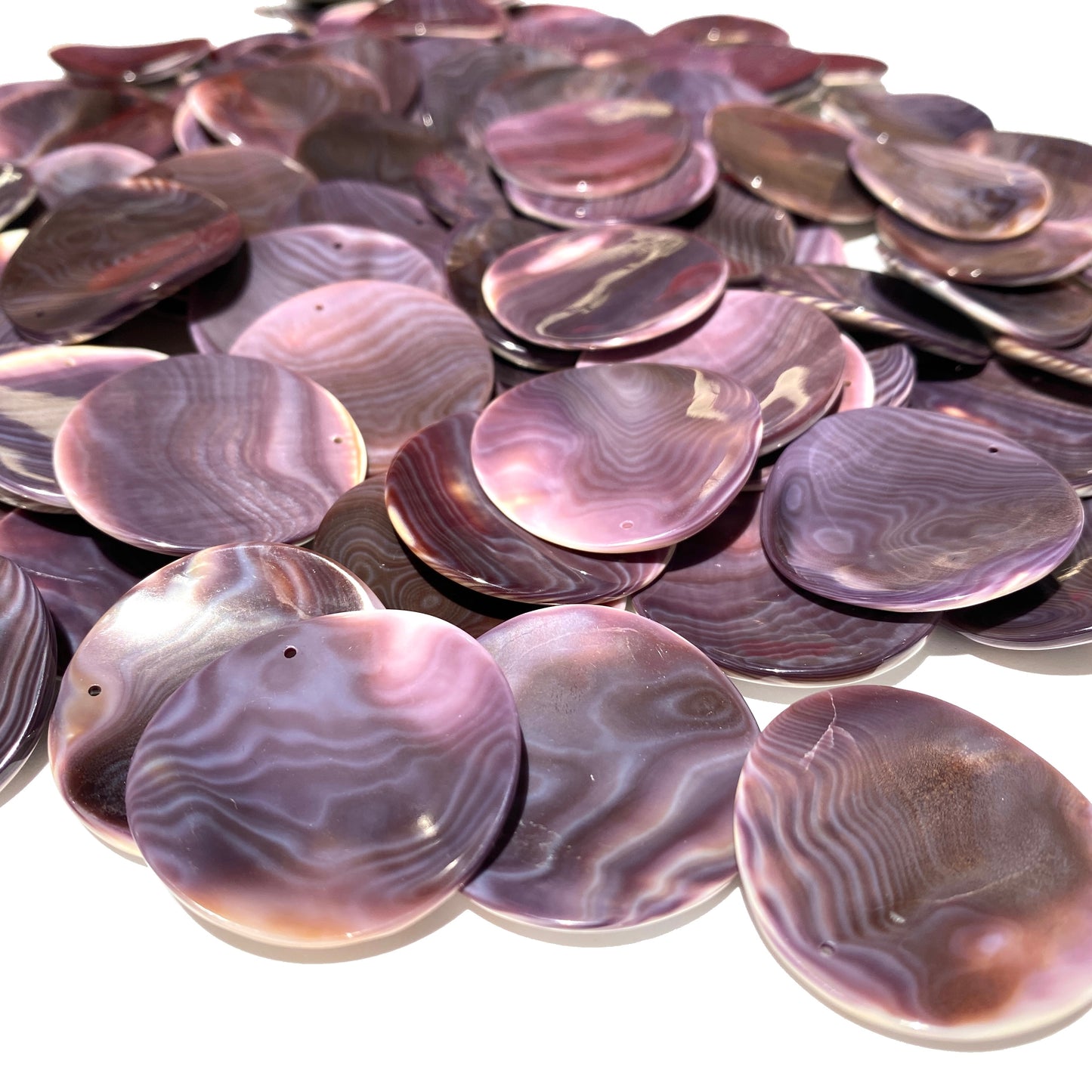 Premium-Grade Darkest-Purple Wampum Shell Bead Pendant From New York/Rhode Island (America's First Currency Year 1637-1673) Top Drilled - Convex Coin Shape - 4 Matching Pendants Lot (4 Pcs)