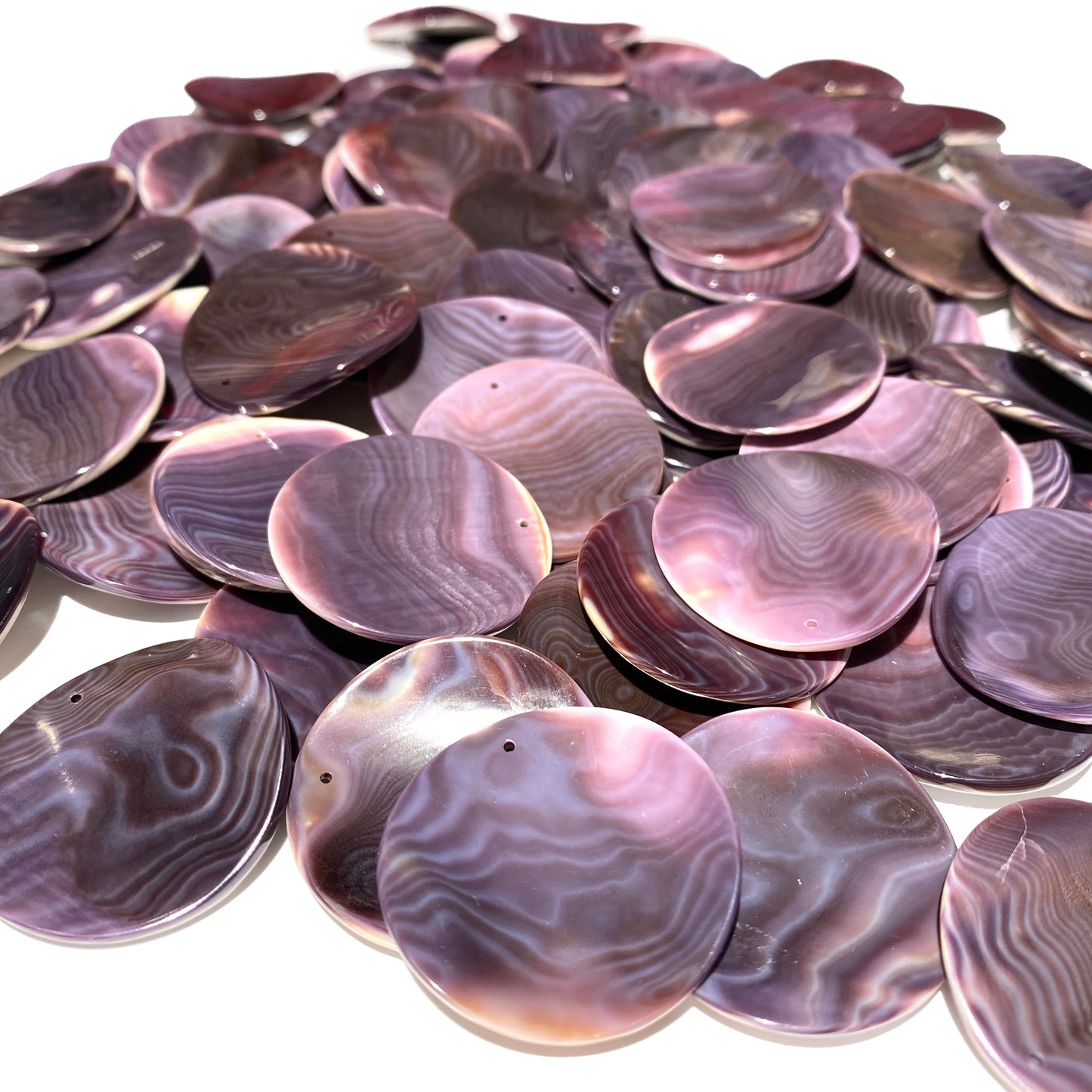 Premium-Grade Darkest-Purple Wampum Shell Bead Pendant From New York/Rhode Island (America's First Currency Year 1637-1673) Top Drilled - Convex Coin Shape - 4 Matching Pendants Lot (4 Pcs)