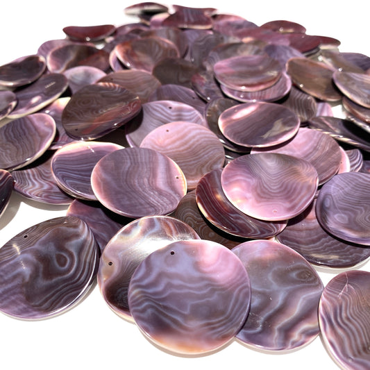 Premium-Grade Darkest-Purple Wampum Shell Bead Pendant From New York/Rhode Island (America's First Currency Year 1637-1673) Top Drilled - Convex Coin Shape - 4 Matching Pendants Lot (4 Pcs)