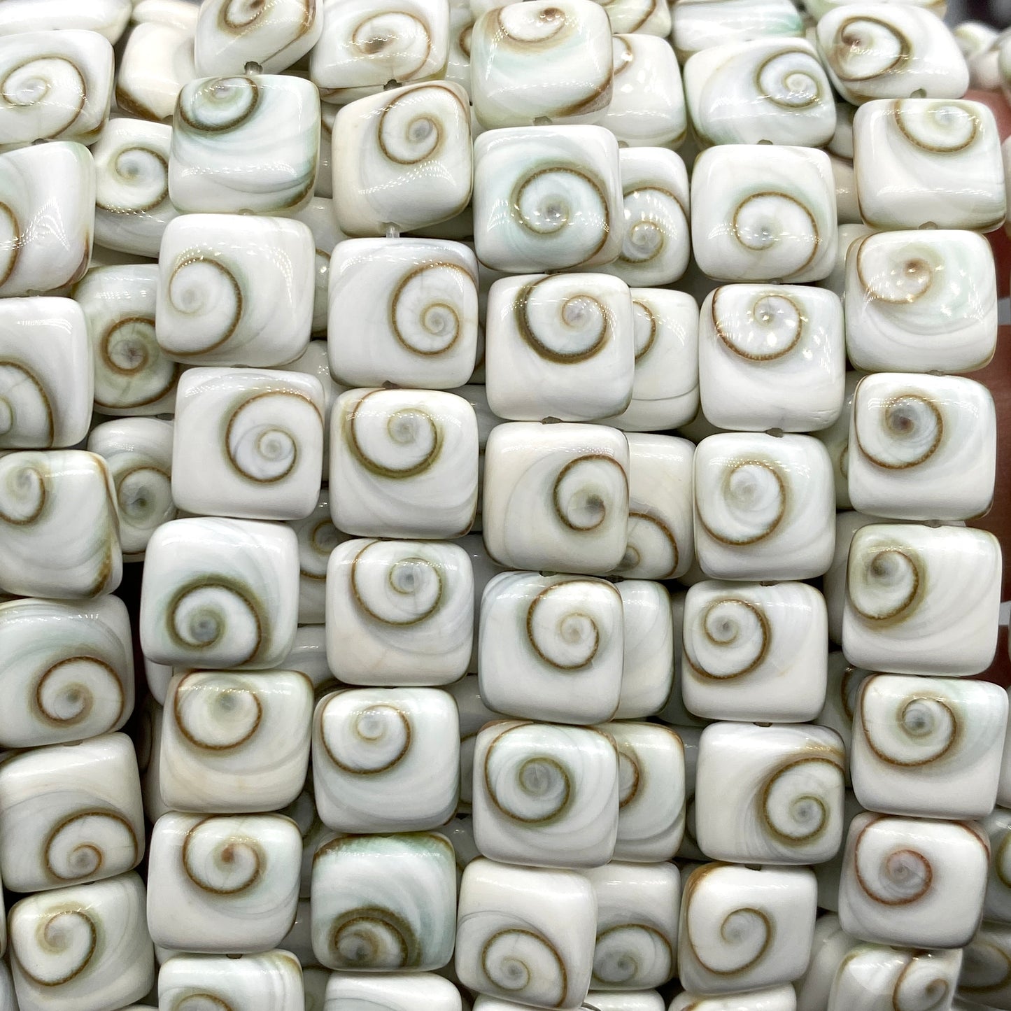 Shiva Eye Shell Beads From Pacific Ocean (AAA Whitest White Quality - Every Bead Made From Two Operculum Shells - Matching Spiral Matrix) Chakra Energy Doublet Square Shape (Protective Door of the Snail Shell)