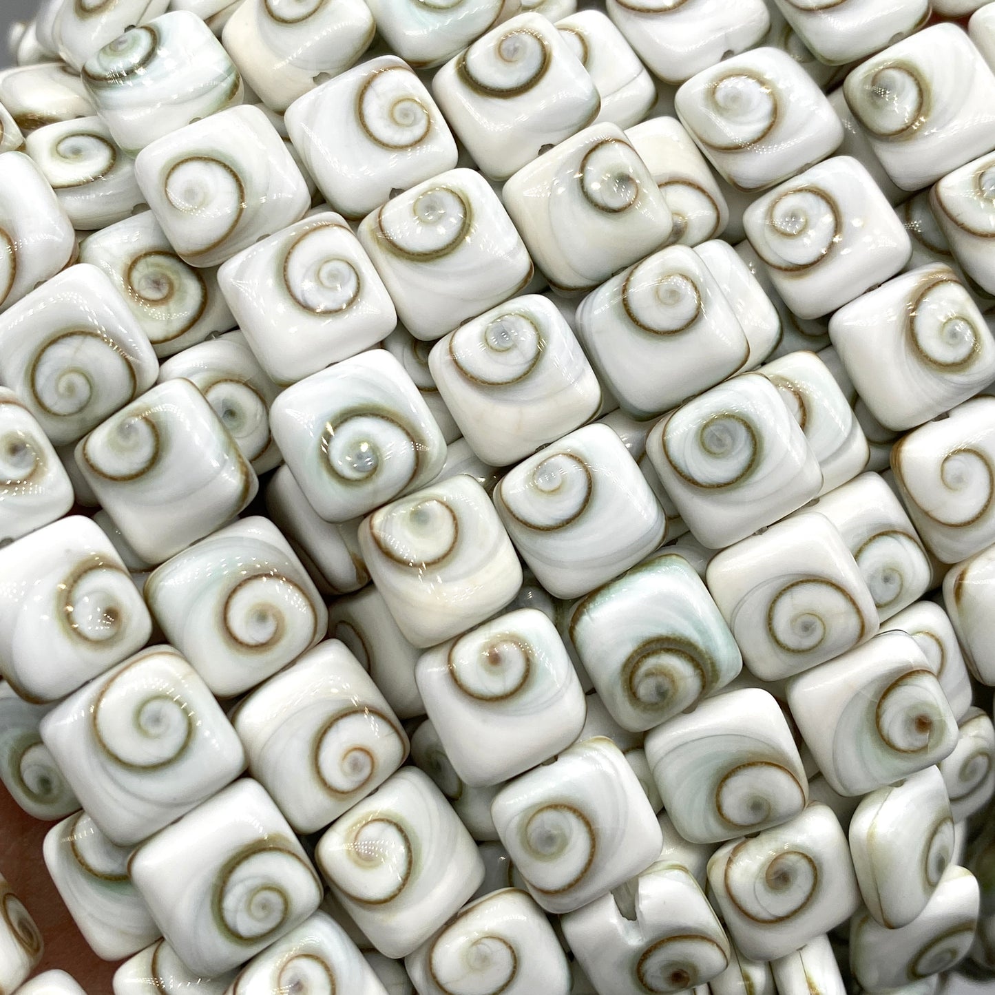 Shiva Eye Shell Beads From Pacific Ocean (AAA Whitest White Quality - Every Bead Made From Two Operculum Shells - Matching Spiral Matrix) Chakra Energy Doublet Square Shape (Protective Door of the Snail Shell)