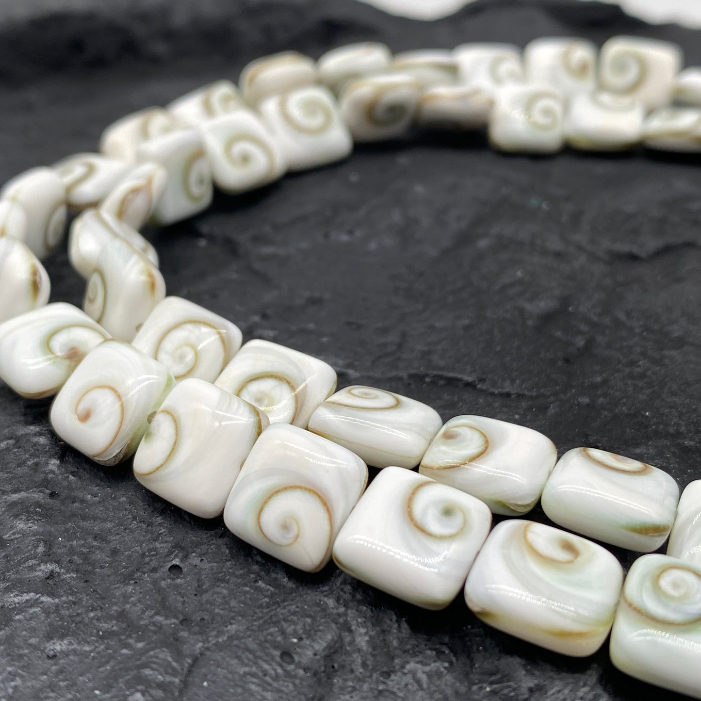 Shiva Eye Shell Beads From Pacific Ocean (AAA Whitest White Quality - Every Bead Made From Two Operculum Shells - Matching Spiral Matrix) Chakra Energy Doublet Square Shape (Protective Door of the Snail Shell)