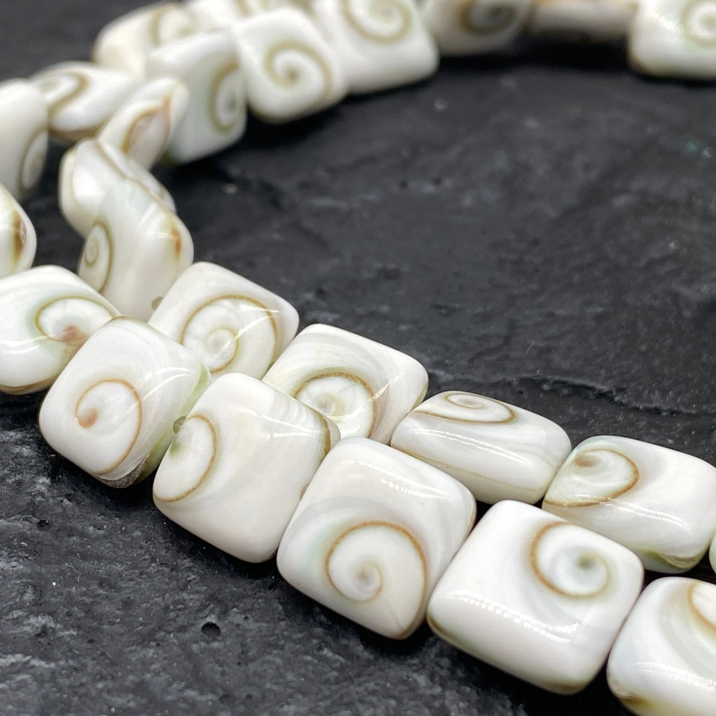Shiva Eye Shell Beads From Pacific Ocean (AAA Whitest White Quality - Every Bead Made From Two Operculum Shells - Matching Spiral Matrix) Chakra Energy Doublet Square Shape (Protective Door of the Snail Shell)