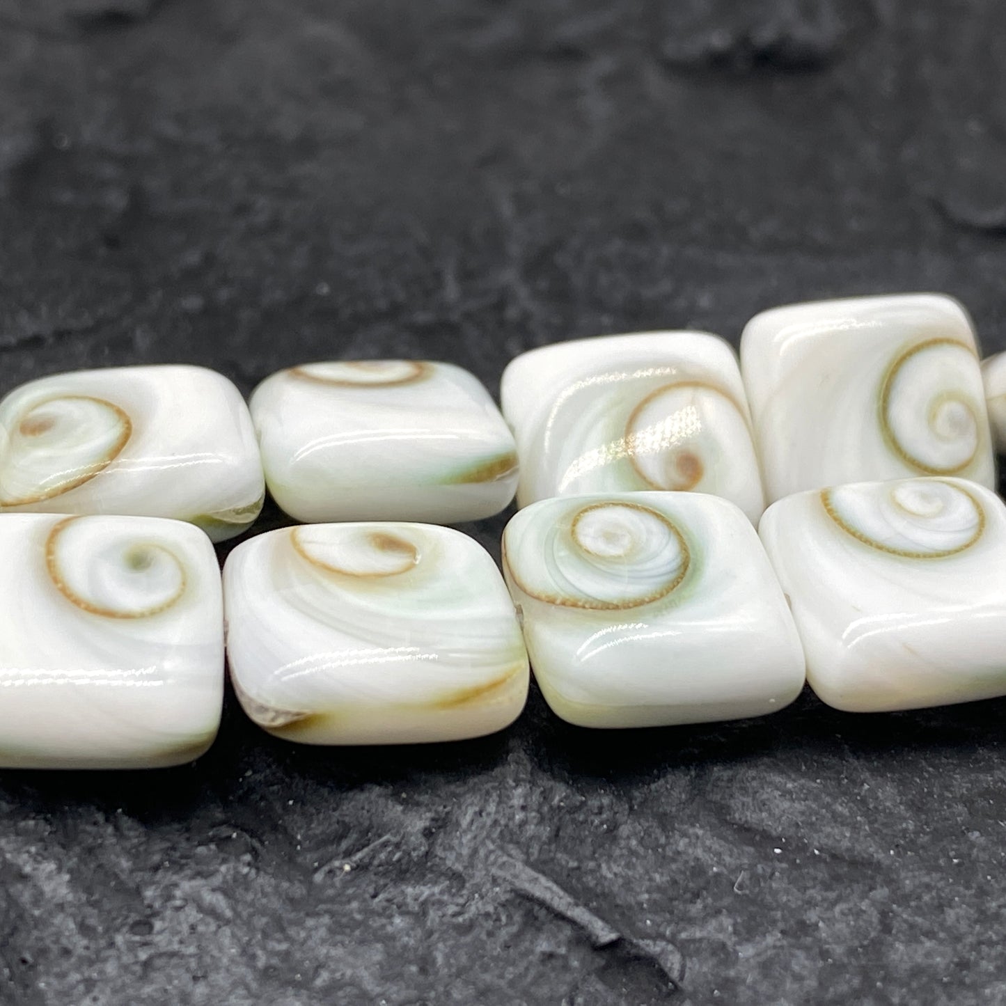 Shiva Eye Shell Beads From Pacific Ocean (AAA Whitest White Quality - Every Bead Made From Two Operculum Shells - Matching Spiral Matrix) Chakra Energy Doublet Square Shape (Protective Door of the Snail Shell)