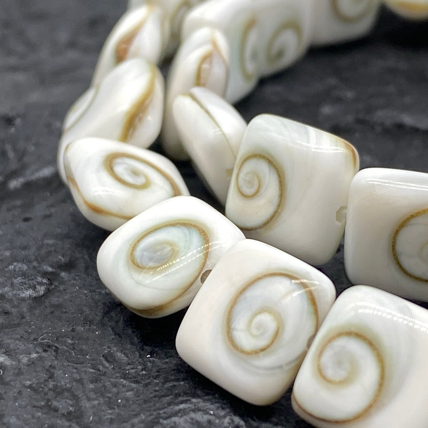 Shiva Eye Shell Beads From Pacific Ocean (AAA Whitest White Quality - Every Bead Made From Two Operculum Shells - Matching Spiral Matrix) Chakra Energy Doublet Square Shape (Protective Door of the Snail Shell)