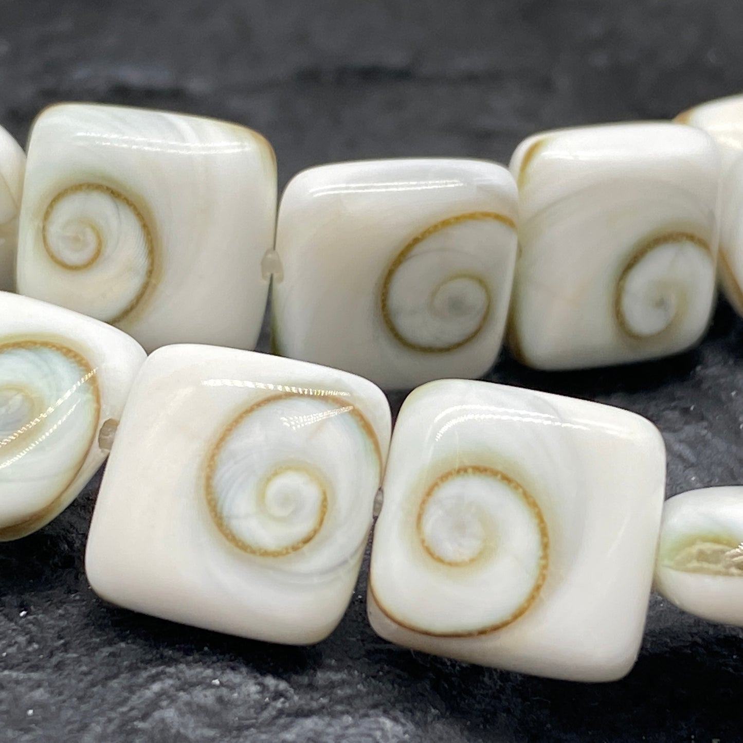 Shiva Eye Shell Beads From Pacific Ocean (AAA Whitest White Quality - Every Bead Made From Two Operculum Shells - Matching Spiral Matrix) Chakra Energy Doublet Square Shape (Protective Door of the Snail Shell)