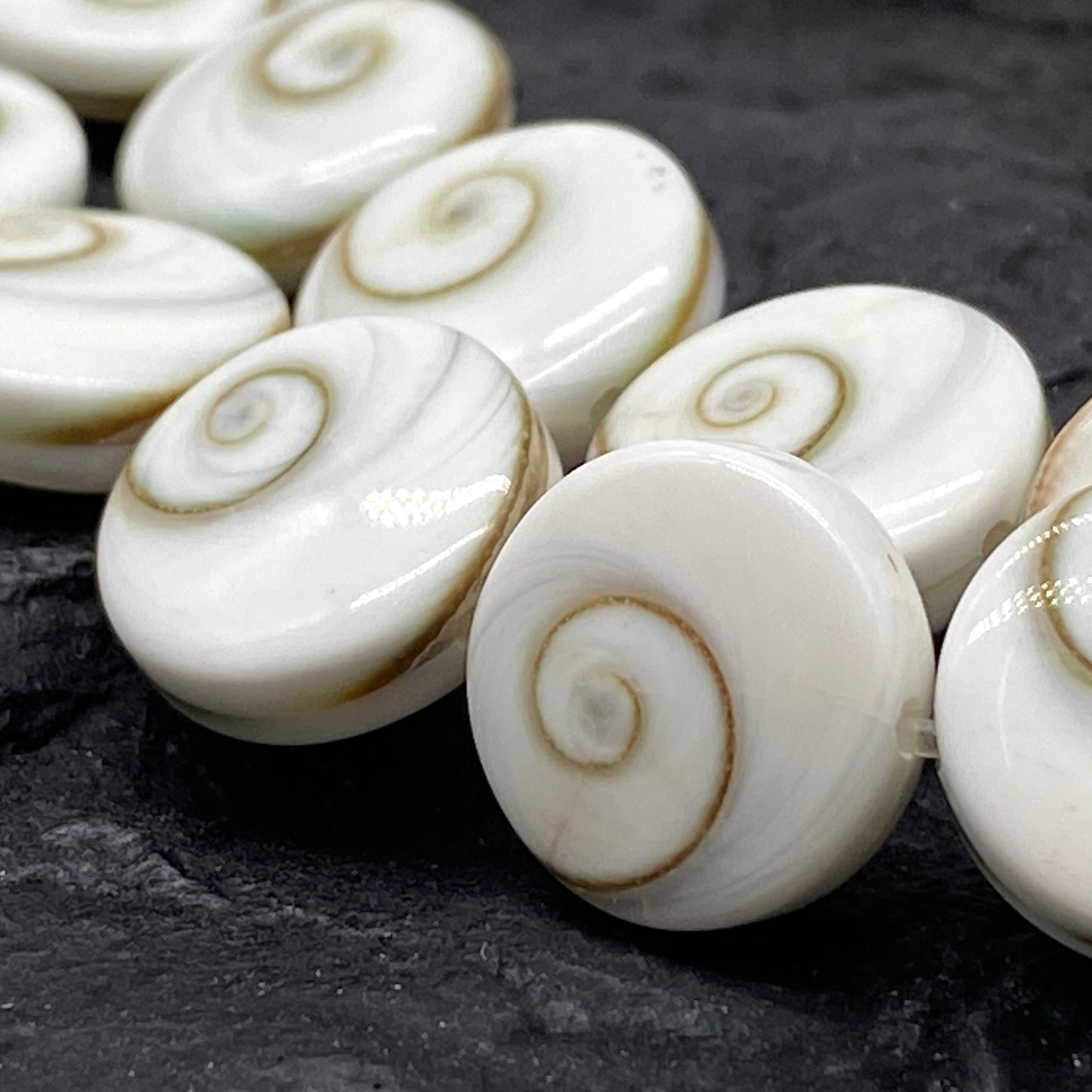 Pearly-White Indonesian Shiva Eye Shell Beads (Doublet- Two Shells in One Bead) Chakra Yin-Yang Double-Energy DIY Jewelry Making Smooth Coin Shape