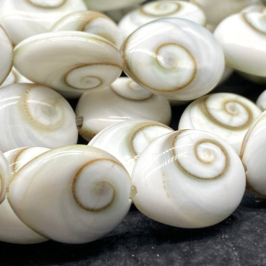 Shiva Eye Shell Beads From Pacific Ocean (AAA Whitest White Quality - Every Bead Made From Two Operculum Shells - Matching Spiral Matrix) Chakra Energy Doublet Tear Drop Shape (Protective Door of the Snail Shell)