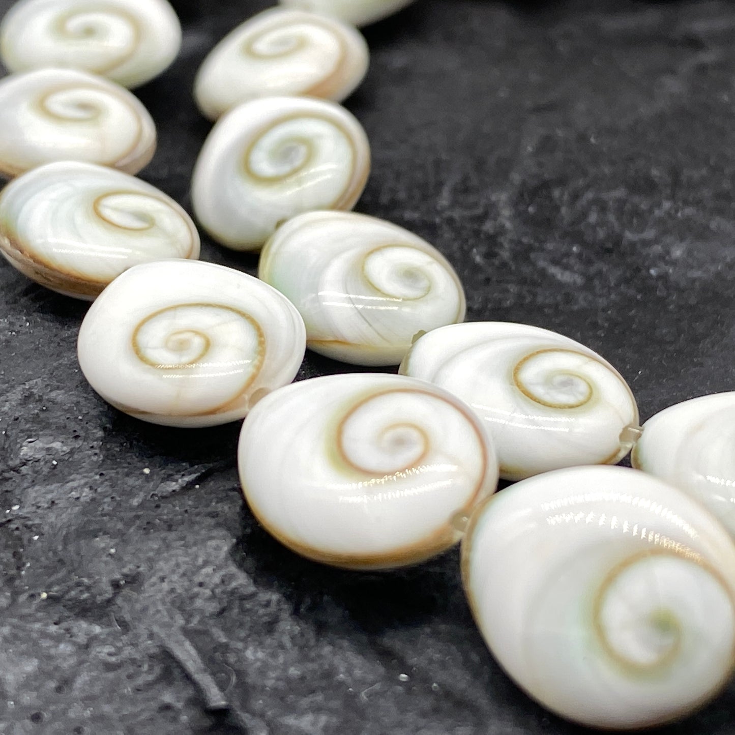 Shiva Eye Shell Beads From Pacific Ocean (AAA Whitest White Quality - Every Bead Made From Two Operculum Shells - Matching Spiral Matrix) Chakra Energy Doublet Tear Drop Shape (Protective Door of the Snail Shell)