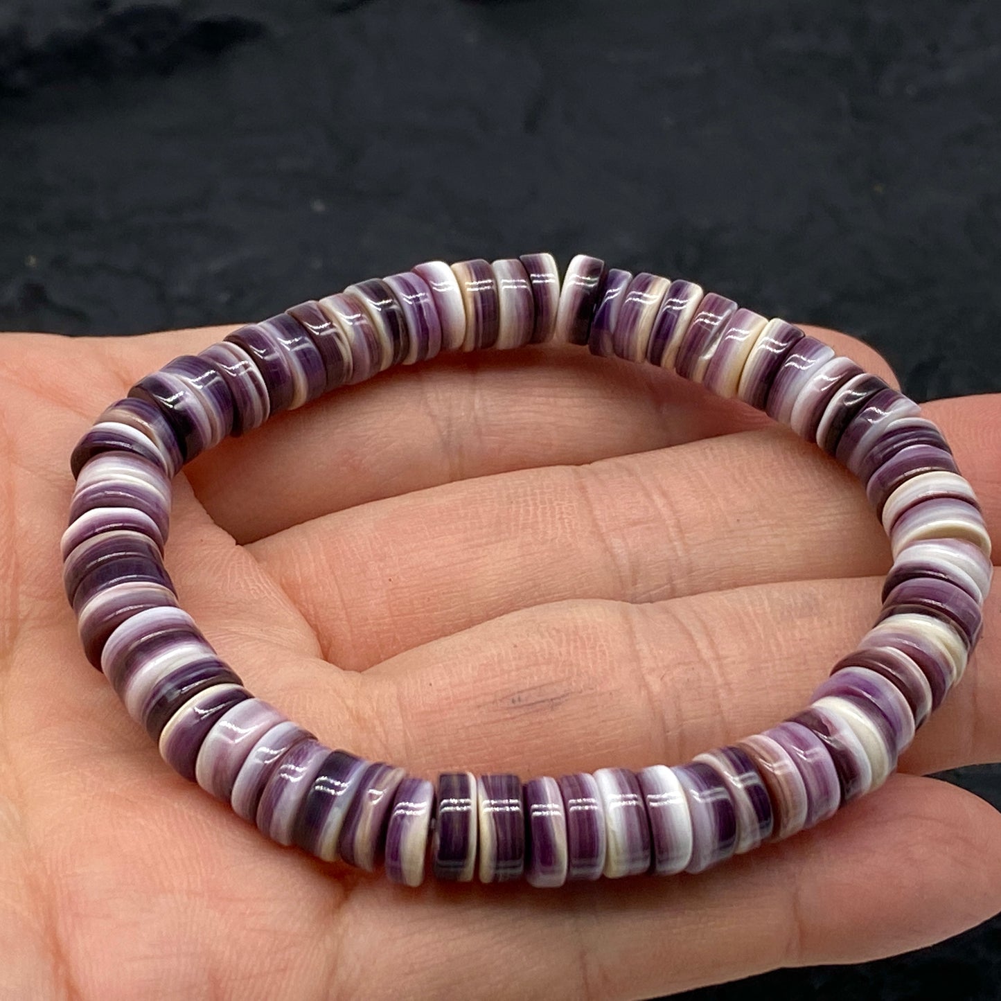 Premium-Grade Darkest-purple Wampum Shell Beads Bracelet From New York/ Rhode Island (America's First Currency From Year 1637-1673) Native American Style Elastic