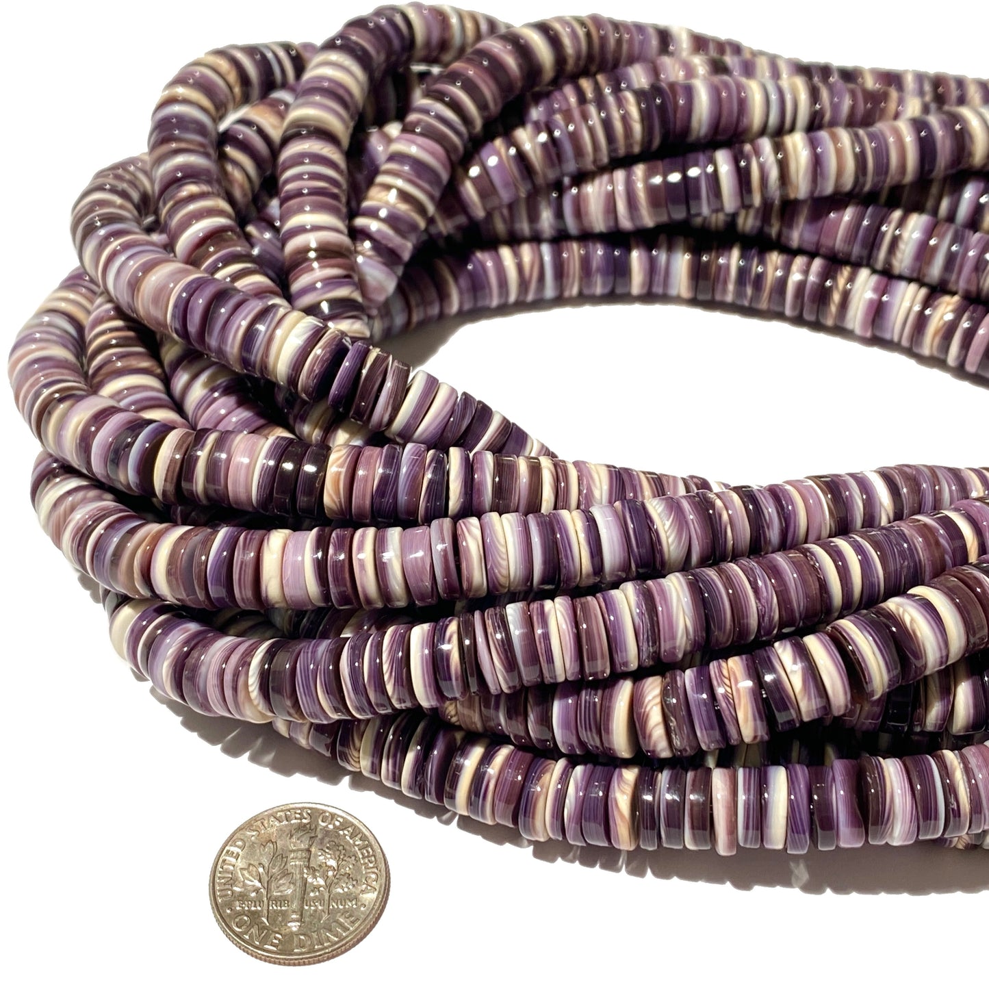 2-Tone-Matrix Lavender Wampum Shell Beads From New York/Rhode Island (America's First Currency From Year 1637-1673) Smooth Heishi