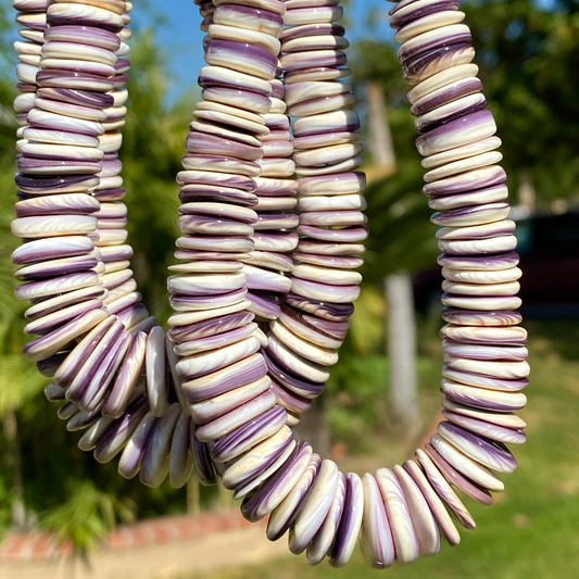 Gigantic White Wampum Shell Beads with Lavender Tone From New York/Rhode Island (America's First Currency From Year 1637-1673) Organic Thickness - Free Form Rondelle Heishi Shape - Graduated 8 to 16mm - 15.5 Inches