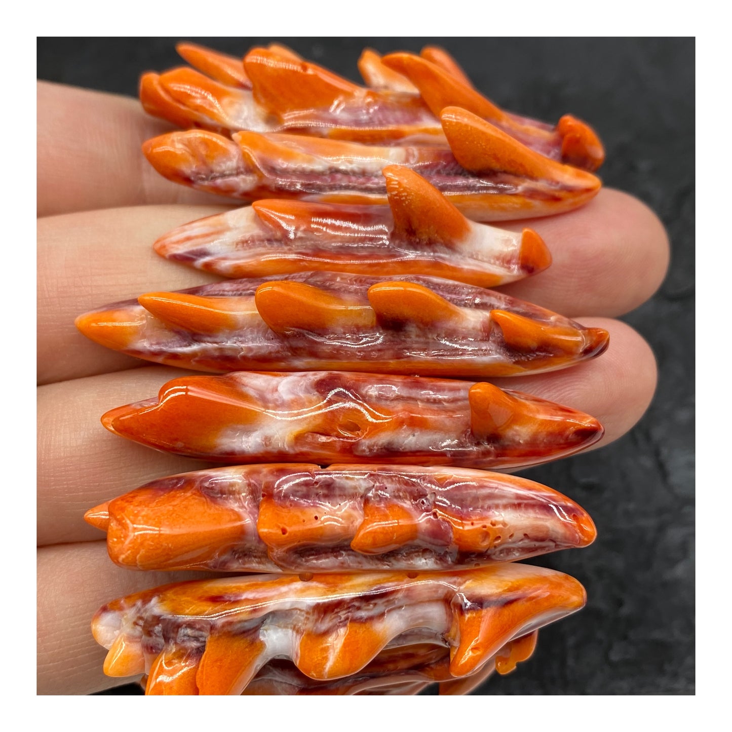 Orange Spiny Oyster Shell Beads Bracelet From Mexico - Organic Spines (Minimal White Parts) Double-Drilled Elastic Photo Doesn't Do It Justice)