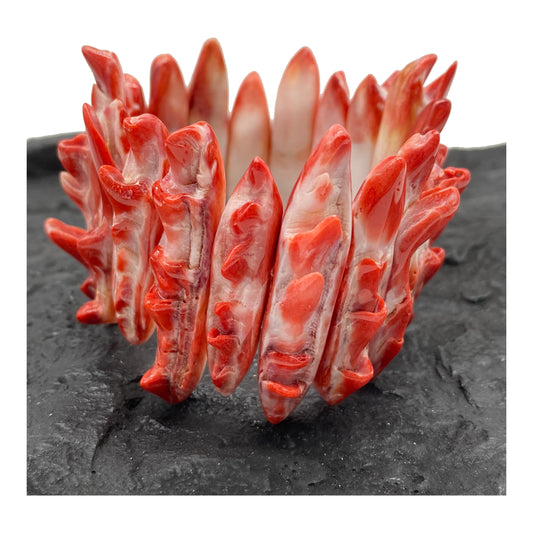 Red Spiny Oyster Shell Beads Bracelet From Mexico - Organic Spines (Minimal White Parts) Double-Drilled Elastic Photo Doesn't Do It Justice)