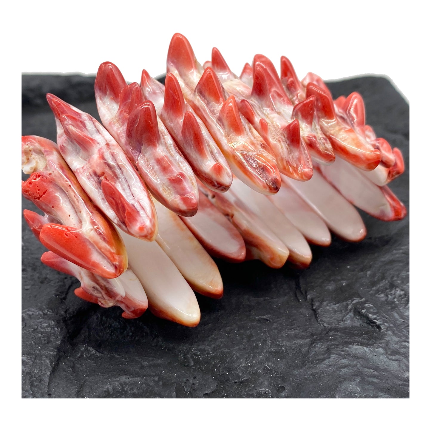 Red Spiny Oyster Shell Beads Bracelet From Mexico - Organic Spines (Minimal White Parts) Double-Drilled Elastic Photo Doesn't Do It Justice)