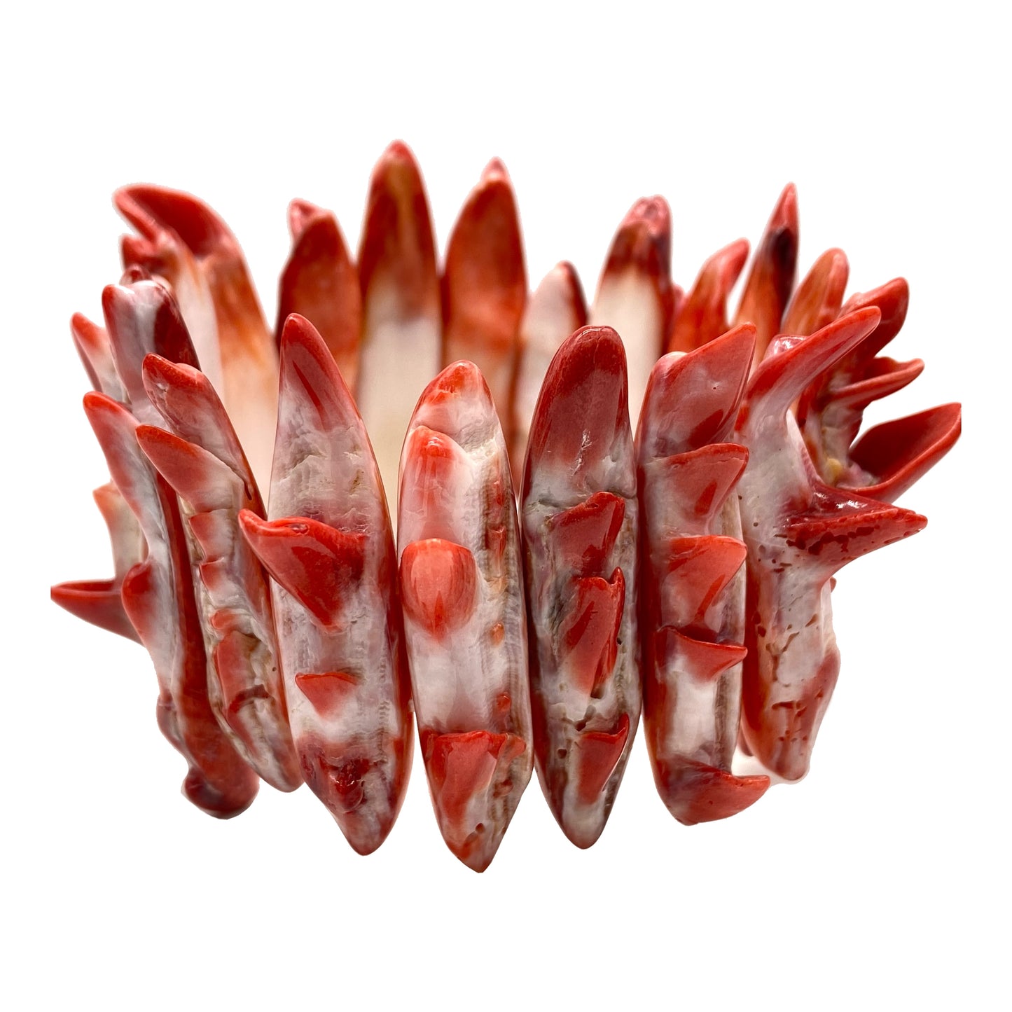 Red Spiny Oyster Shell Beads Bracelet From Mexico - Organic Spines (Minimal White Parts) Double-Drilled Elastic Photo Doesn't Do It Justice)