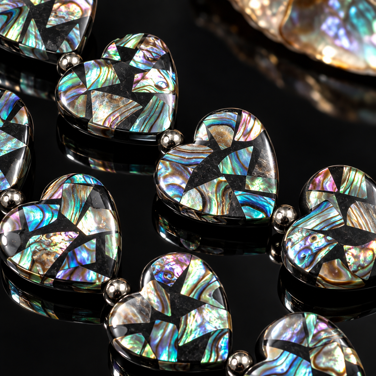 Abalone Shell Beads New Zealand - Black Mosaic Inlay - Small Batch Production - Native American Style - Double Sided 20mm Heart (F509)