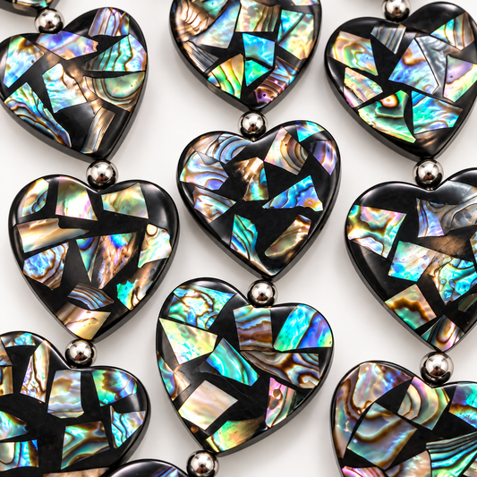 Abalone Shell Beads New Zealand - Black Mosaic Inlay - Small Batch Production - Native American Style - Double Sided 20mm Heart (F509)