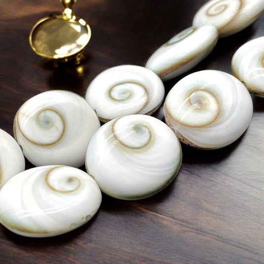 Shiva Eye Shell Beads From Pacific Ocean (AAA Whitest White Quality - Every Bead Made From Two Operculum Shells - Matching Spiral Matrix) Chakra Energy Doublet Oval Shape (Protective Door of the Snail Shell)