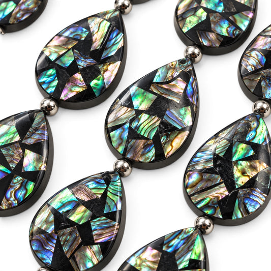 Abalone Shell Beads New Zealand - Black Mosaic Inlay - Small Batch Production - Native American Style - Double Sided 15X20mm Teardrop (F508)
